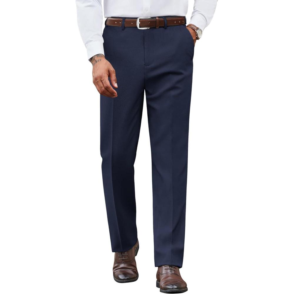 imageCOOFANDY Mens Dress Pants Regular Fit Flat Front Pant Expandable Waist Casual SlacksNavy Blue