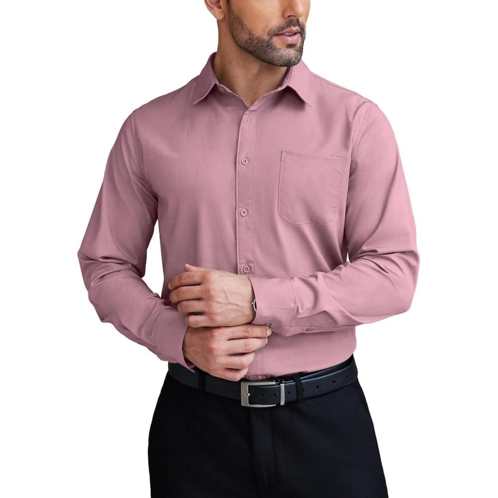imageCOOFANDY Mens Dress Shirt Classic Fit Button Up Shirts Long Sleeve Stretch WrinkleFree Shirt Pink