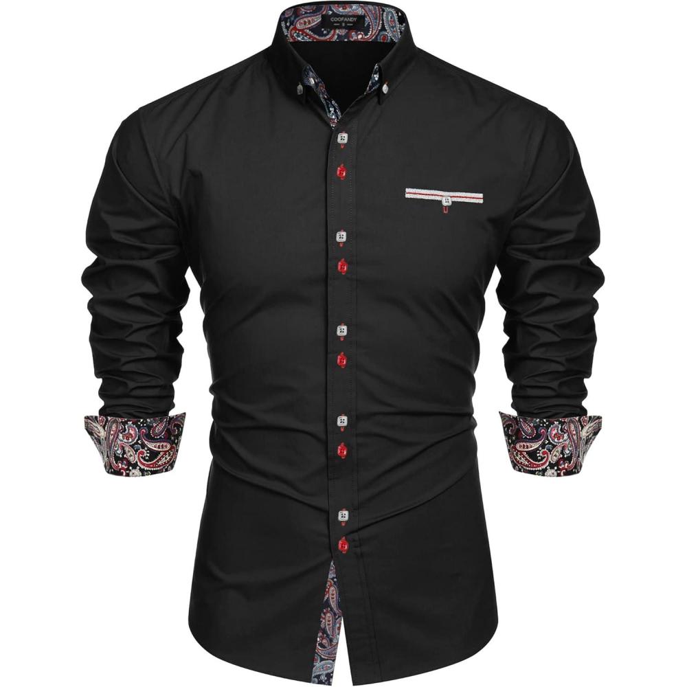 imageCOOFANDY Mens Dress Shirt Long Sleeve Casual Button Down Paisley Shirts Party Wedding Dress ShirtBlack