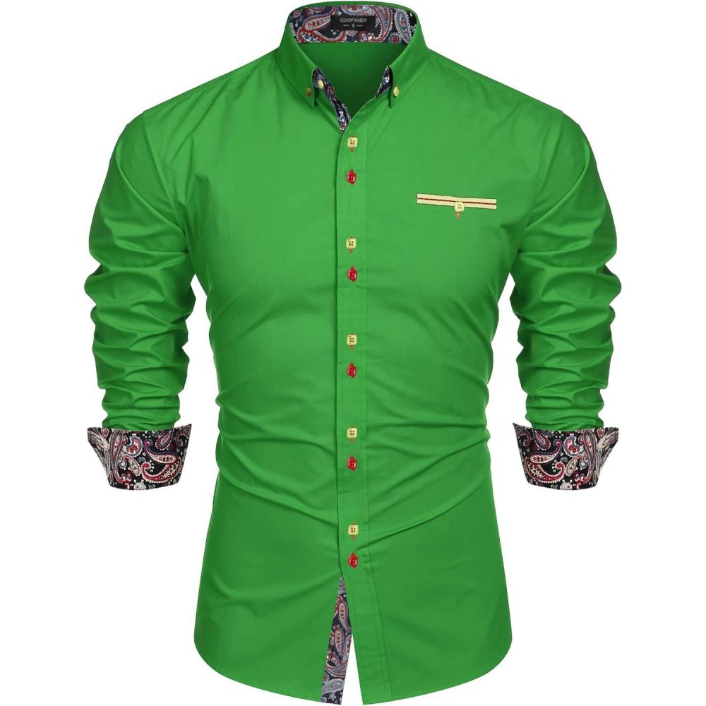 imageCOOFANDY Mens Dress Shirt Long Sleeve Casual Button Down Paisley Shirts Party Wedding Dress ShirtGreen