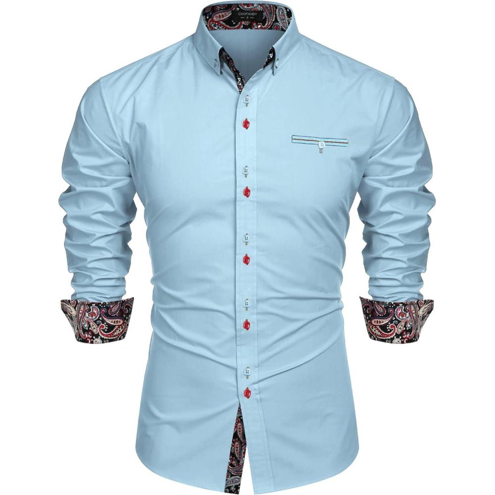 imageCOOFANDY Mens Dress Shirt Long Sleeve Casual Button Down Paisley Shirts Party Wedding Dress ShirtLight Blue