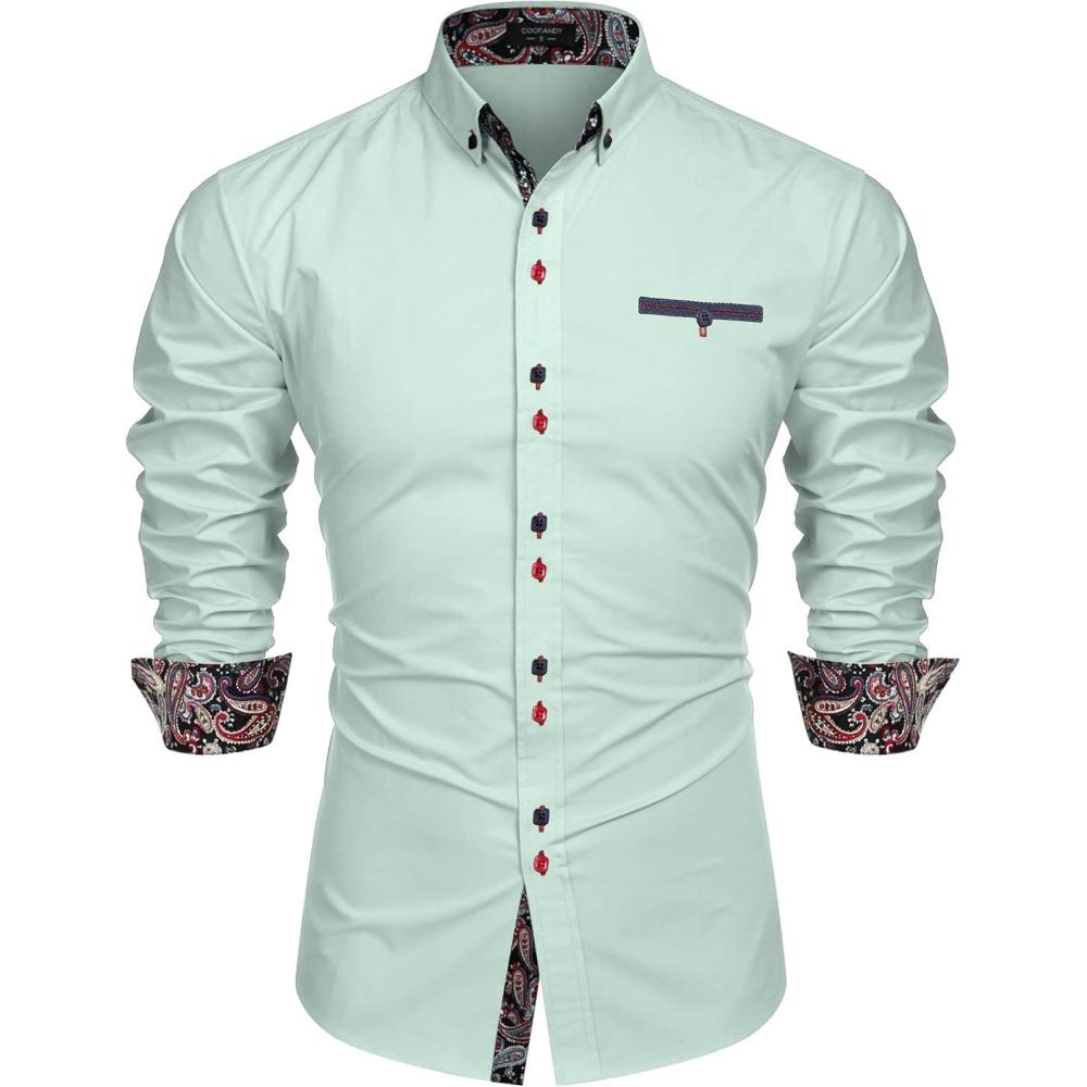 imageCOOFANDY Mens Dress Shirt Long Sleeve Casual Button Down Paisley Shirts Party Wedding Dress ShirtMint