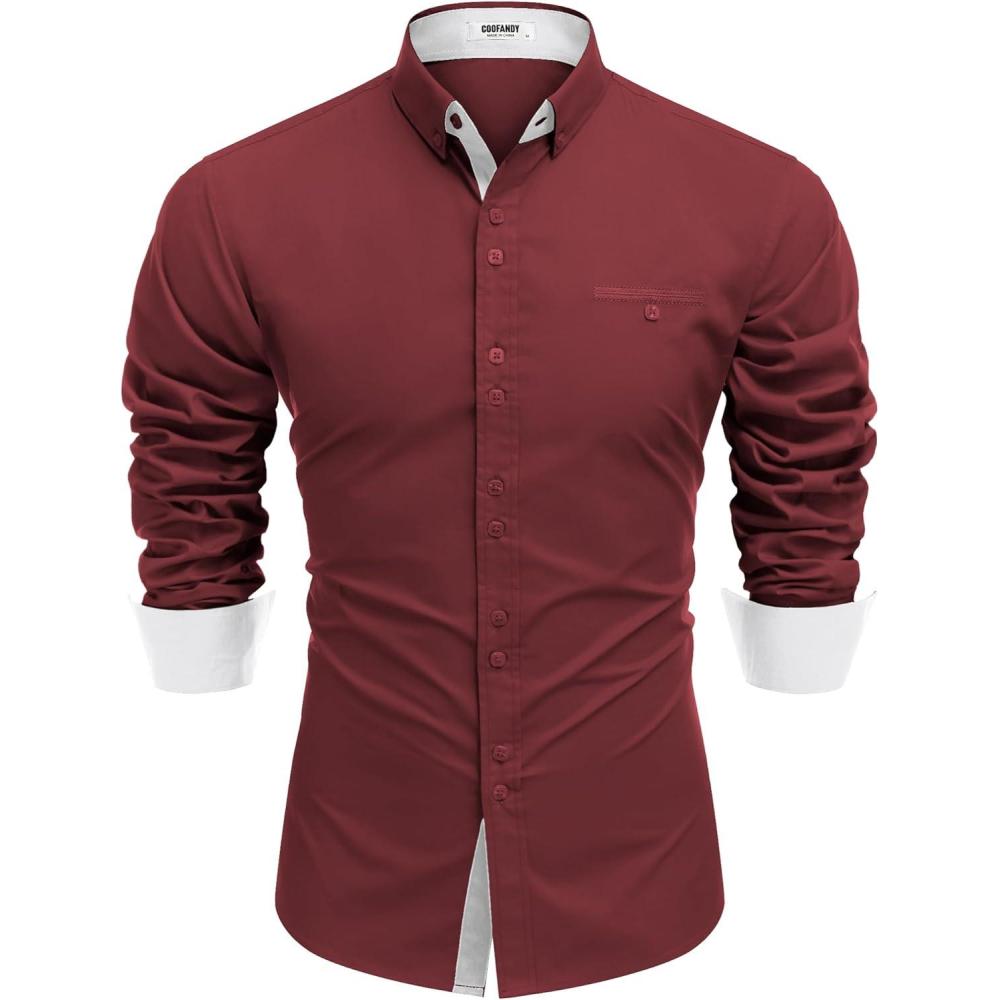 imageCOOFANDY Mens Dress Shirt Long Sleeve Casual Button Down Paisley Shirts Party Wedding Dress ShirtMulticolor Burgundy White