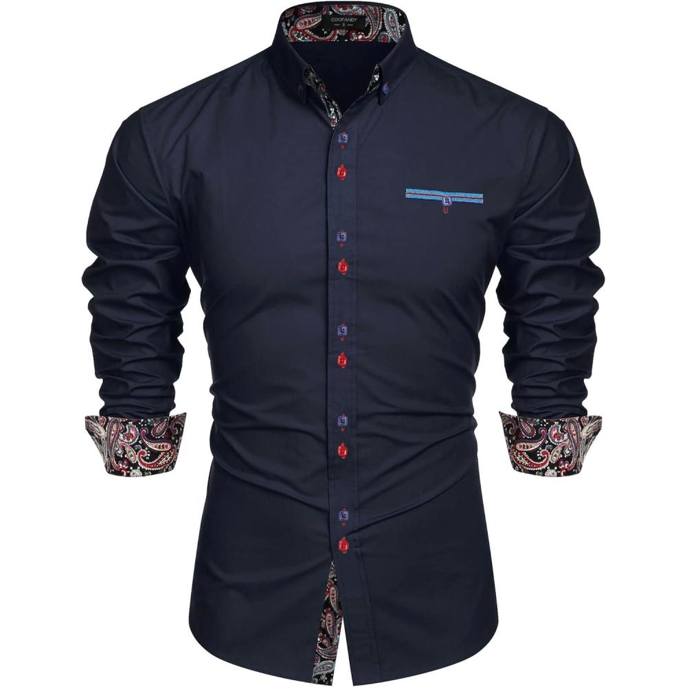 imageCOOFANDY Mens Dress Shirt Long Sleeve Casual Button Down Paisley Shirts Party Wedding Dress ShirtNavy