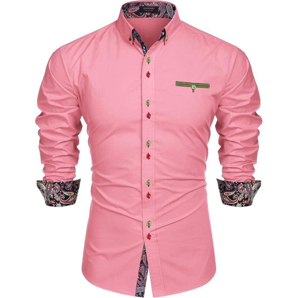 imageCOOFANDY Mens Dress Shirt Long Sleeve Casual Button Down Paisley Shirts Party Wedding Dress ShirtPink
