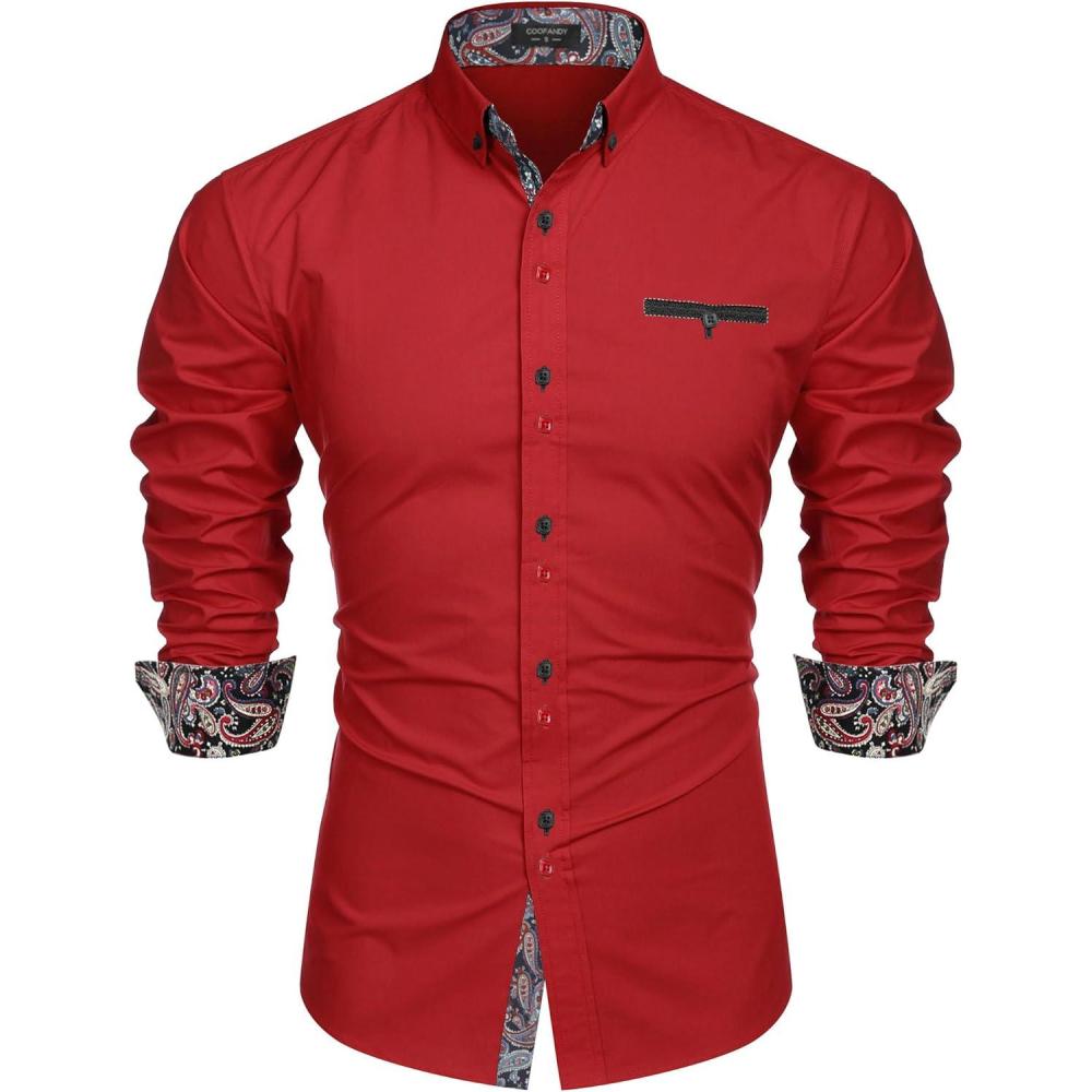 imageCOOFANDY Mens Dress Shirt Long Sleeve Casual Button Down Paisley Shirts Party Wedding Dress ShirtRed