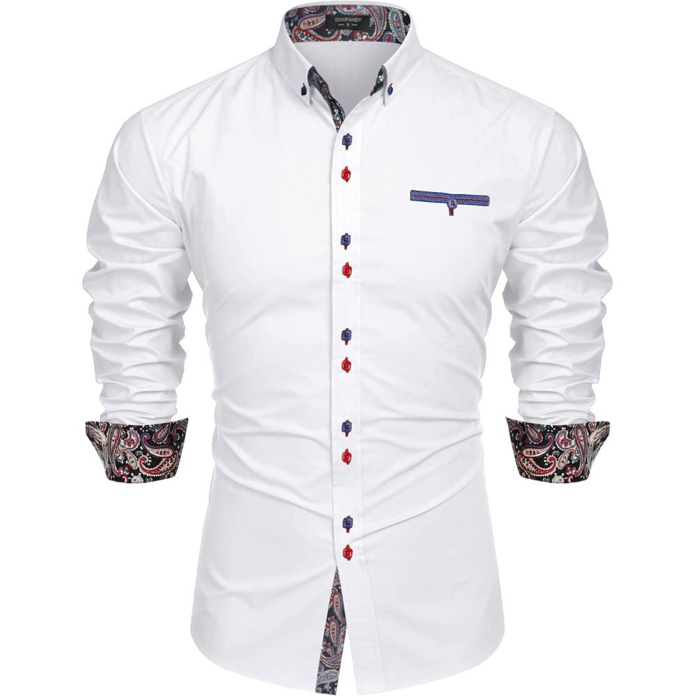 imageCOOFANDY Mens Dress Shirt Long Sleeve Casual Button Down Paisley Shirts Party Wedding Dress ShirtWhite