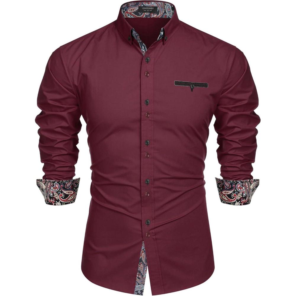 imageCOOFANDY Mens Dress Shirt Long Sleeve Casual Button Down Paisley Shirts Party Wedding Dress ShirtWine Red