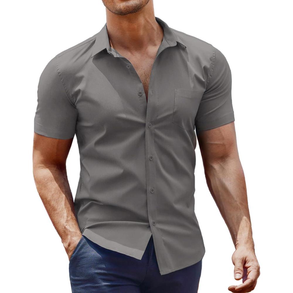 imageCOOFANDY Mens Dress Shirt Short Sleeve Button Down Shirts with PocketDark Grey