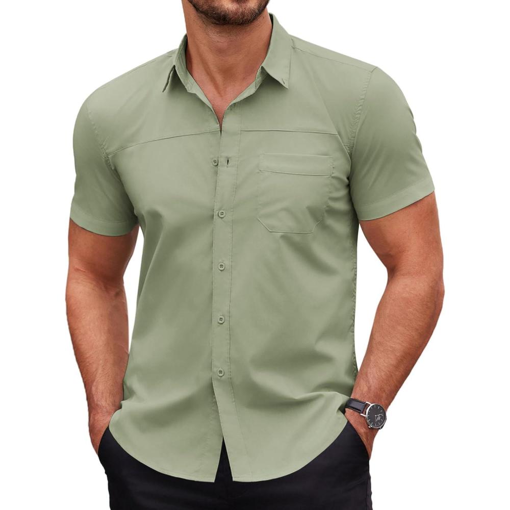 imageCOOFANDY Mens Dress Shirt Short Sleeve Button Down Shirts with PocketLight Green