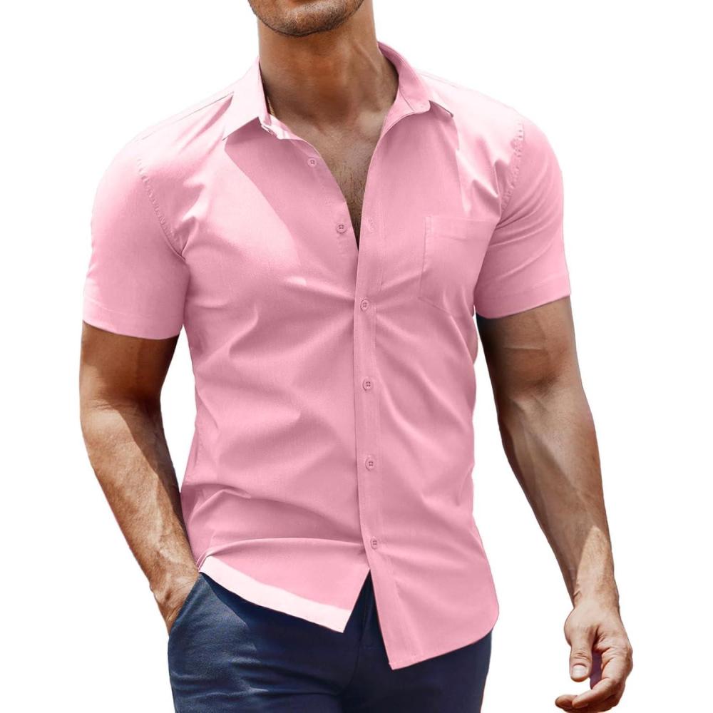 imageCOOFANDY Mens Dress Shirt Short Sleeve Button Down Shirts with PocketPink