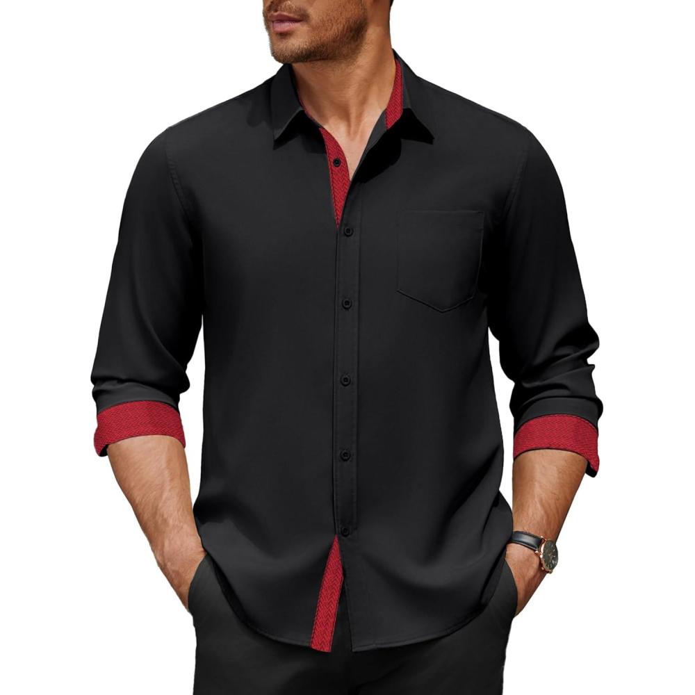 imageCOOFANDY Mens Dress Shirt Wrinkle Free Regular Fit Stretch Long Sleeve Button Down ShirtsBlack  Red
