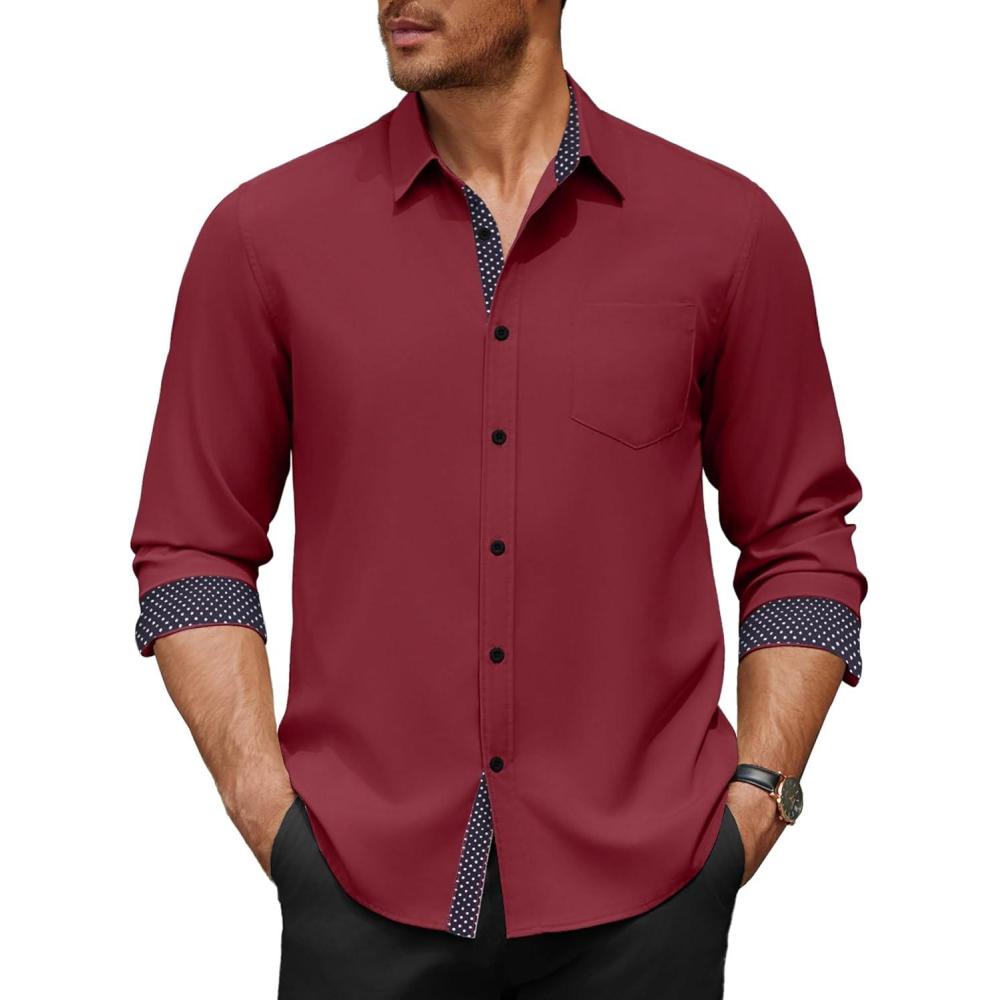 imageCOOFANDY Mens Dress Shirt Wrinkle Free Regular Fit Stretch Long Sleeve Button Down ShirtsRed Dahlia