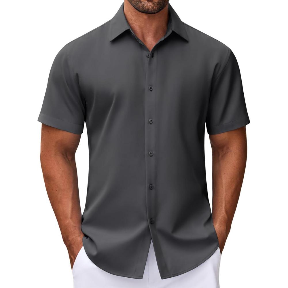 imageCOOFANDY Mens Dress Shirts Button Down Short Sleeve Shirt Summer Shirts Business Casual Wedding ShirtDark Grey