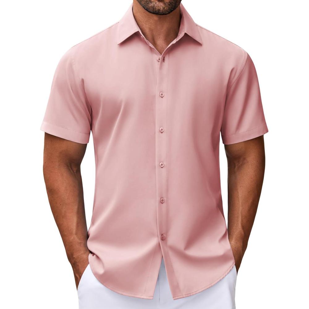 imageCOOFANDY Mens Dress Shirts Button Down Short Sleeve Shirt Summer Shirts Business Casual Wedding ShirtLight Pink