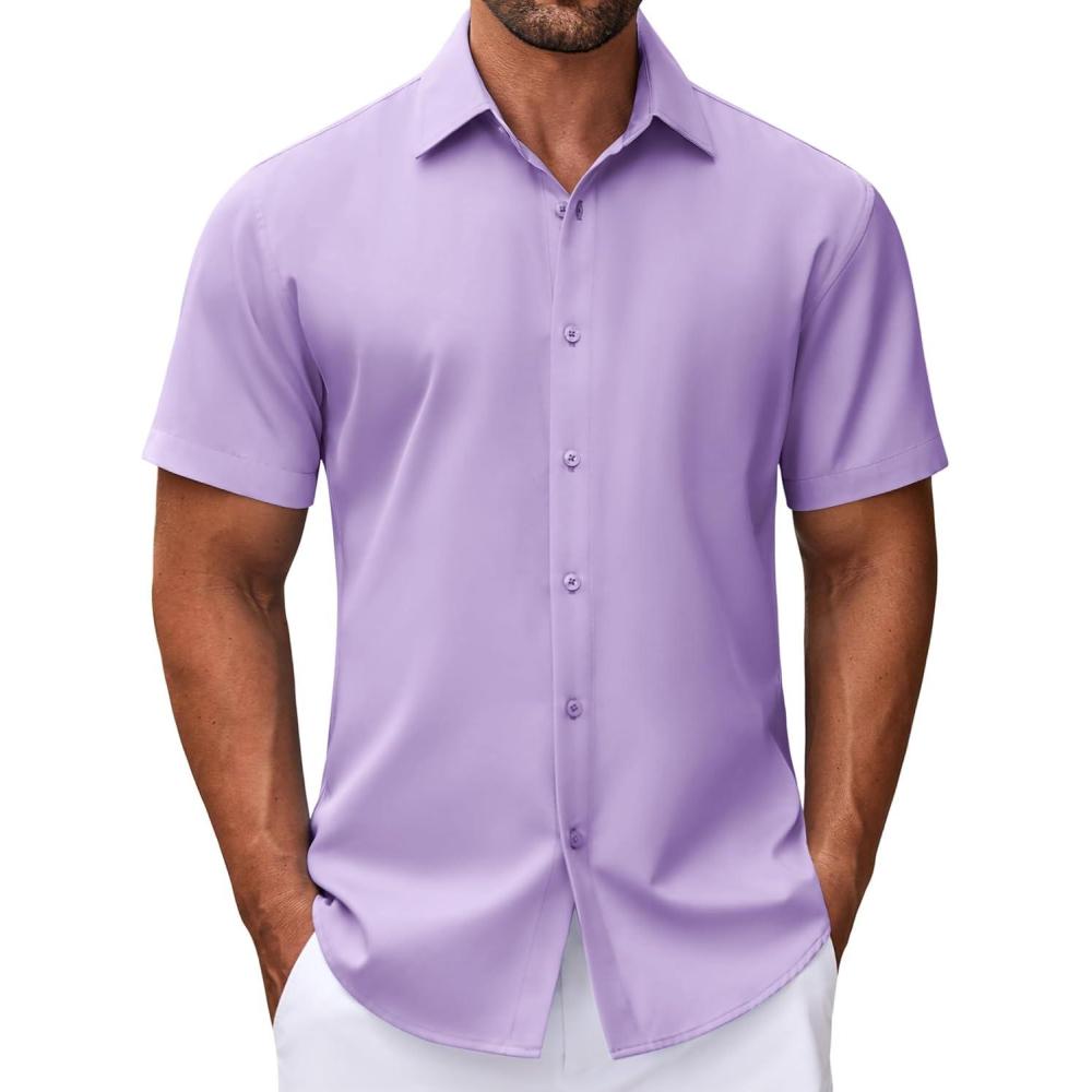 imageCOOFANDY Mens Dress Shirts Button Down Short Sleeve Shirt Summer Shirts Business Casual Wedding ShirtLight Purple