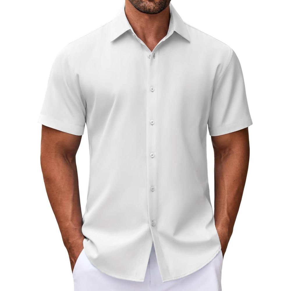 imageCOOFANDY Mens Dress Shirts Button Down Short Sleeve Shirt Summer Shirts Business Casual Wedding ShirtWhite