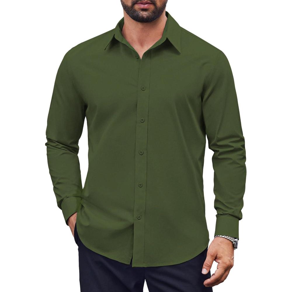 imageCOOFANDY Mens Dress Shirts Long Sleeve Casual Button Down Shirts Formal Business ShirtArmy Green