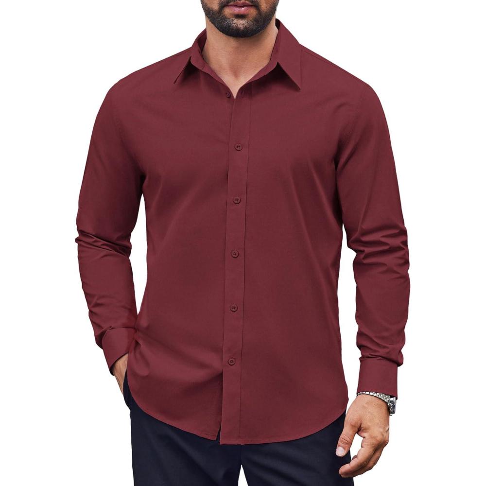 imageCOOFANDY Mens Dress Shirts Long Sleeve Casual Button Down Shirts Formal Business ShirtWine Red