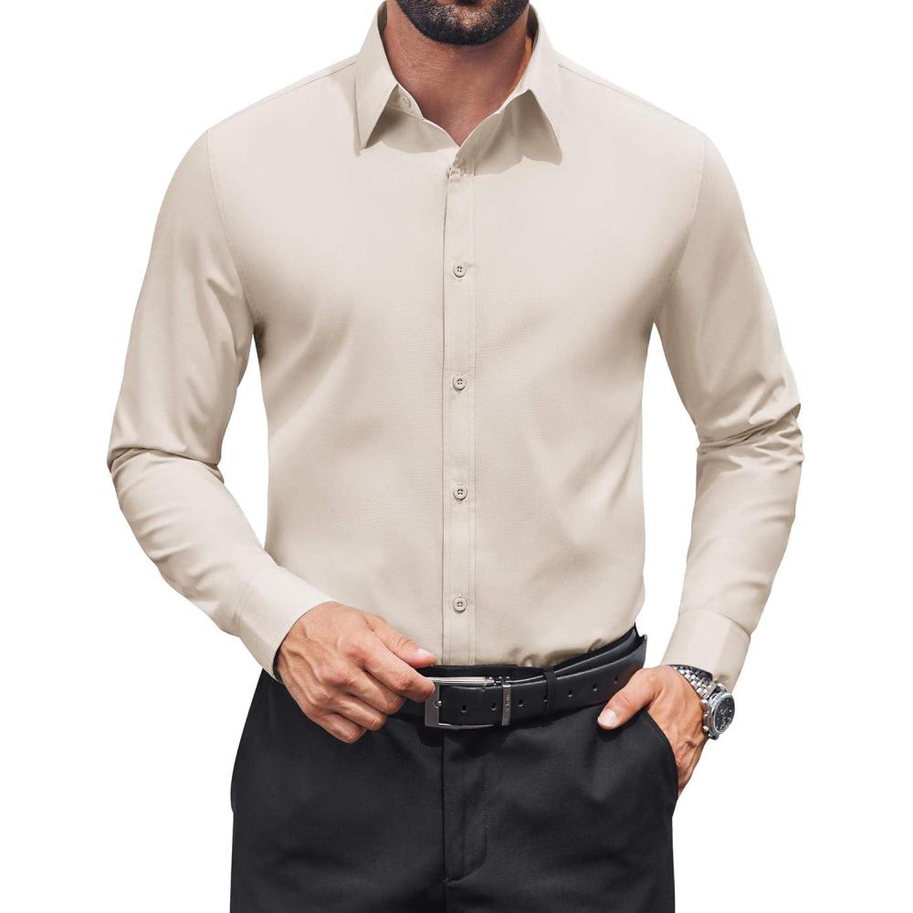imageCOOFANDY Mens Dress Shirts Long Sleeve Stain Shield Button Down Shirt Regular Fit Formal Business Wedding ShirtsBeige