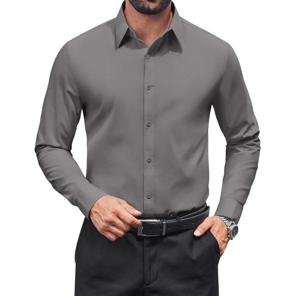 imageCOOFANDY Mens Dress Shirts Long Sleeve Stain Shield Button Down Shirt Regular Fit Formal Business Wedding ShirtsDark Grey
