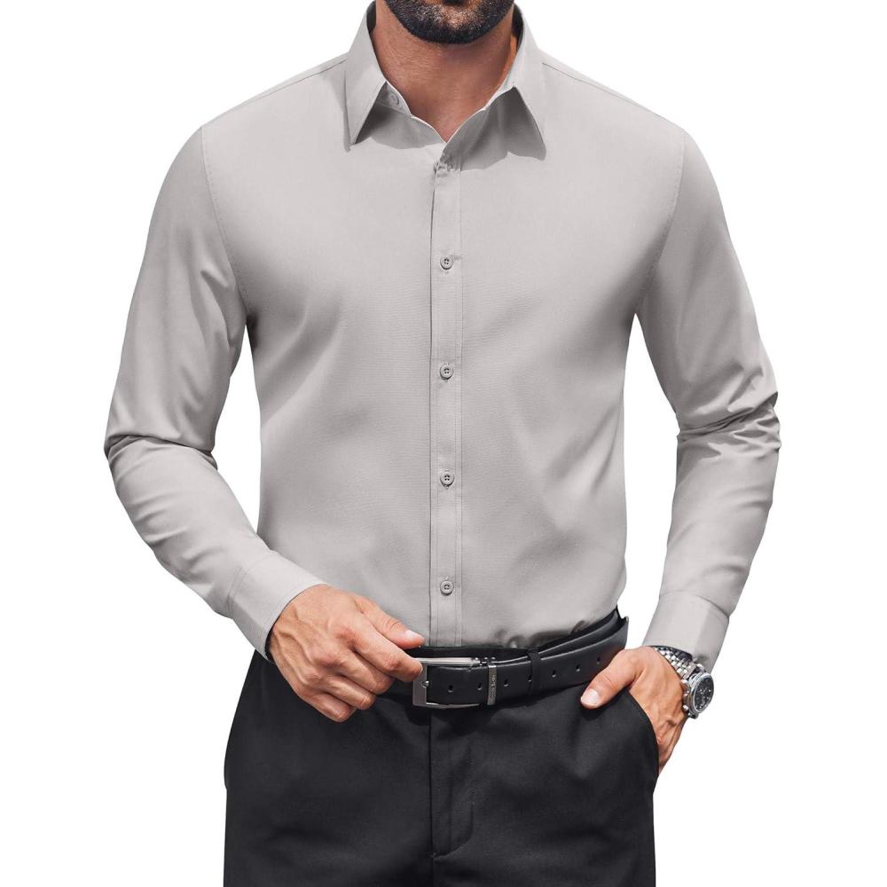 imageCOOFANDY Mens Dress Shirts Long Sleeve Stain Shield Button Down Shirt Regular Fit Formal Business Wedding ShirtsLight Grey