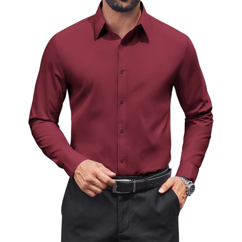 imageCOOFANDY Mens Dress Shirts Long Sleeve Stain Shield Button Down Shirt Regular Fit Formal Business Wedding ShirtsRed