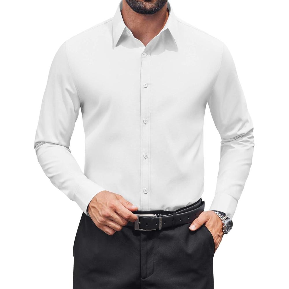 imageCOOFANDY Mens Dress Shirts Long Sleeve Stain Shield Button Down Shirt Regular Fit Formal Business Wedding ShirtsWhite