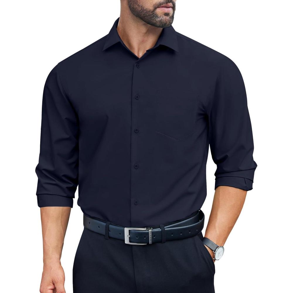 imageCOOFANDY Mens Dress Shirts Long Sleeve Wrinkle Free Button Down Shirts Formal Business ShirtDark Blue