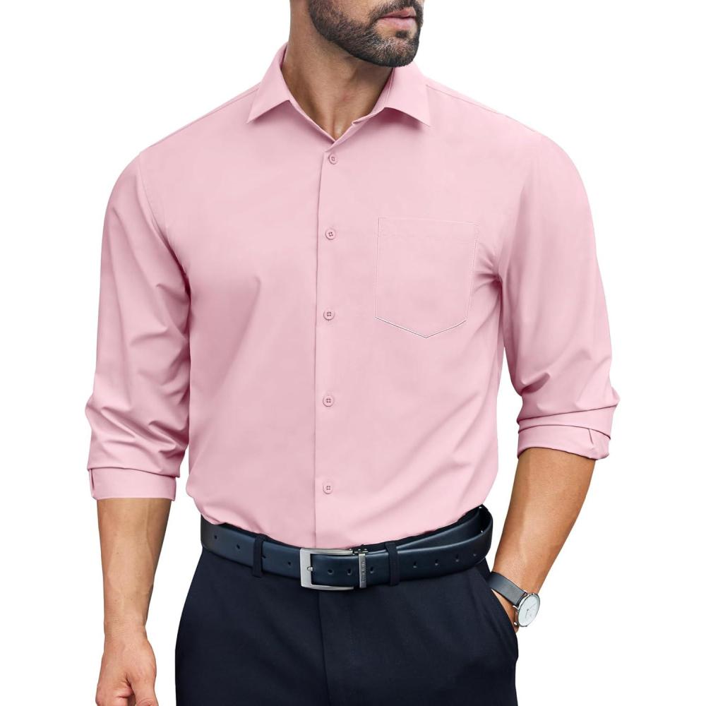 imageCOOFANDY Mens Dress Shirts Long Sleeve Wrinkle Free Button Down Shirts Formal Business ShirtPink