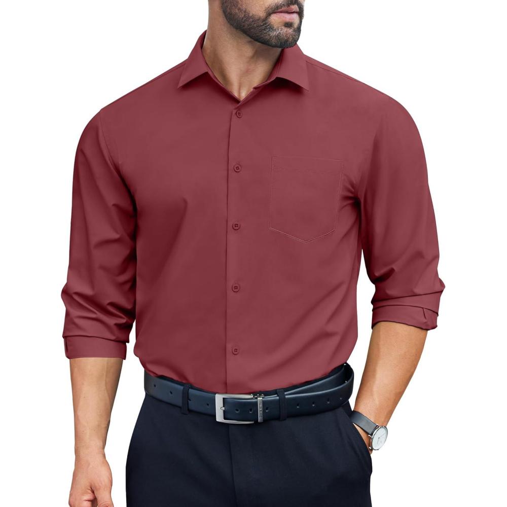 imageCOOFANDY Mens Dress Shirts Long Sleeve Wrinkle Free Button Down Shirts Formal Business ShirtWine Red