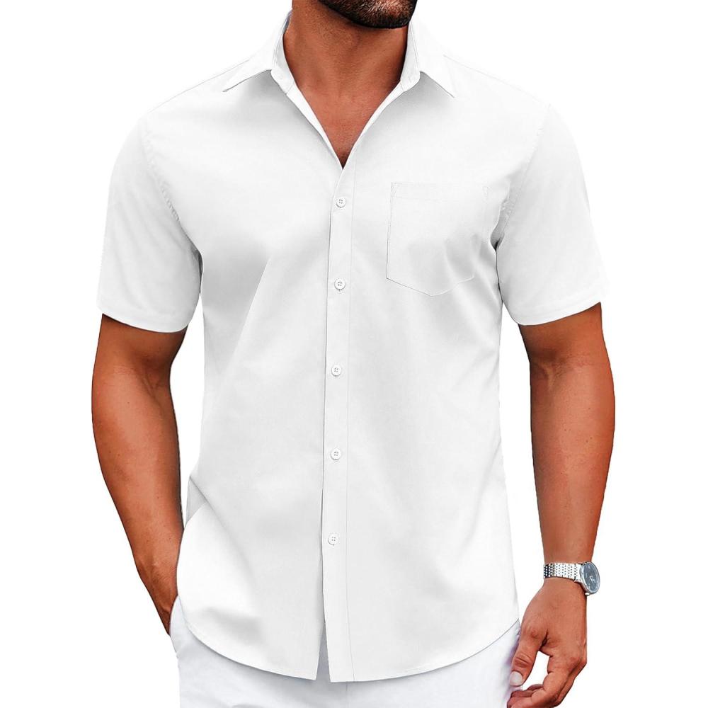 imageCOOFANDY Mens Dress Shirts Short Sleeve Business Casual Shirts Regular Fit Casual Button Down Untucked ShirtsAwhite