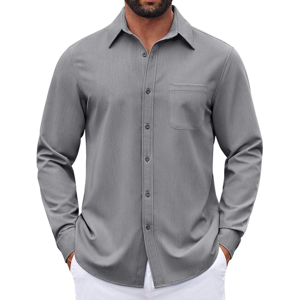 imageCOOFANDY Mens Dress Shirts Untucked Long Sleeve Button Down Denim Shirt Stretch Business Casual Shirts for MenGrey