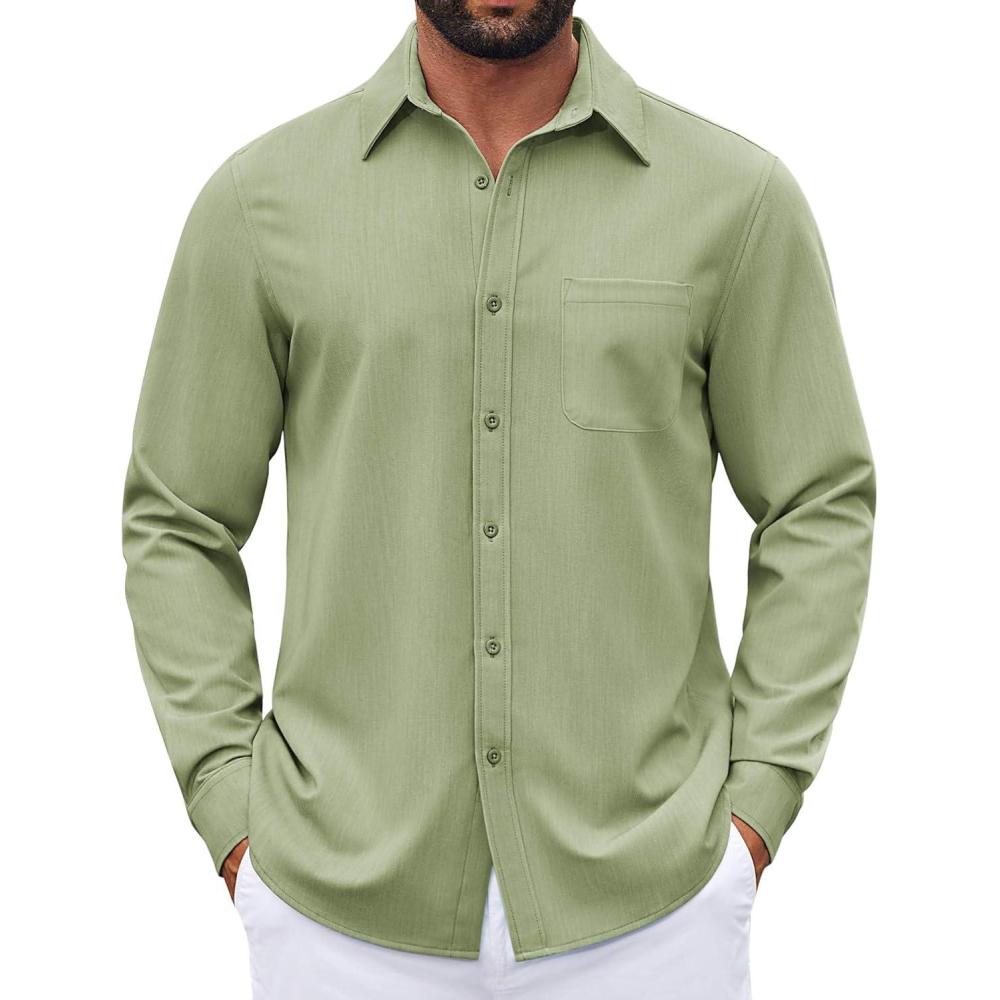 imageCOOFANDY Mens Dress Shirts Untucked Long Sleeve Button Down Denim Shirt Stretch Business Casual Shirts for MenLight Green