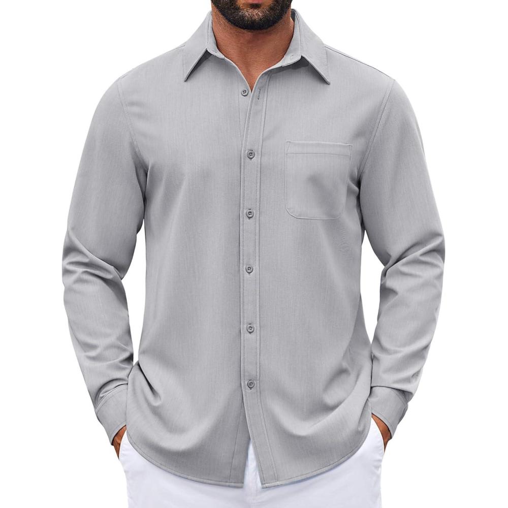 imageCOOFANDY Mens Dress Shirts Untucked Long Sleeve Button Down Denim Shirt Stretch Business Casual Shirts for MenLight Grey