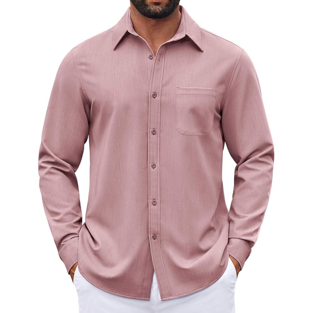 imageCOOFANDY Mens Dress Shirts Untucked Long Sleeve Button Down Denim Shirt Stretch Business Casual Shirts for MenPink