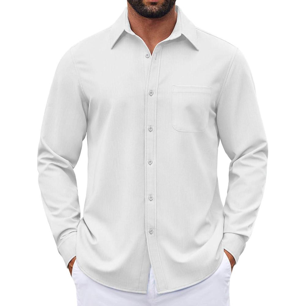imageCOOFANDY Mens Dress Shirts Untucked Long Sleeve Button Down Denim Shirt Stretch Business Casual Shirts for MenWhite
