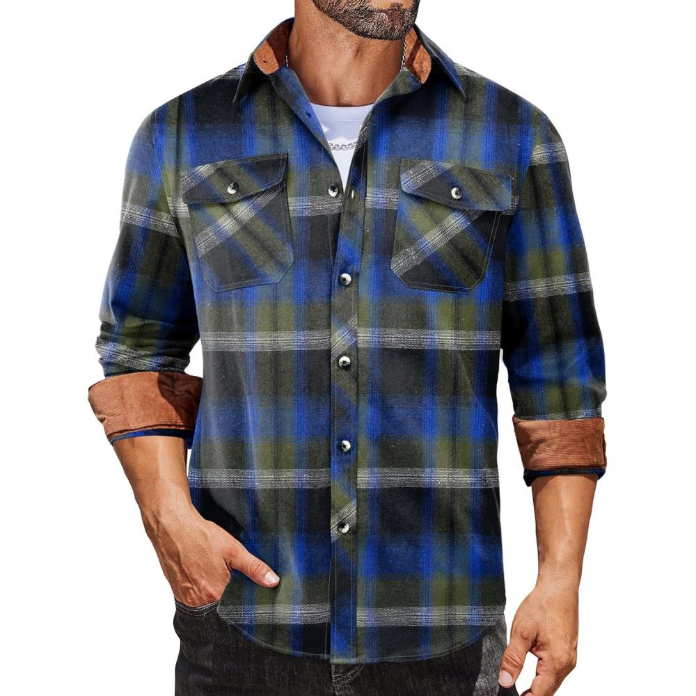 imageCOOFANDY Mens Fall Plaid Button Down Shirt Long Sleeve Casual Cowboy Work Shirts Lightweight Flannel Shirts Two PocketA Plaidgreen Blue Plaid