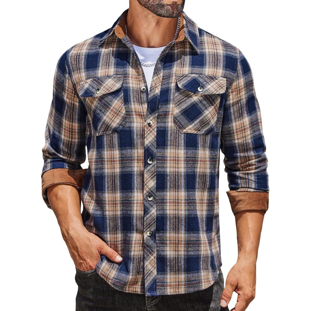 imageCOOFANDY Mens Fall Plaid Button Down Shirt Long Sleeve Casual Cowboy Work Shirts Lightweight Flannel Shirts Two PocketA Plaidnavy Khaki Plaid