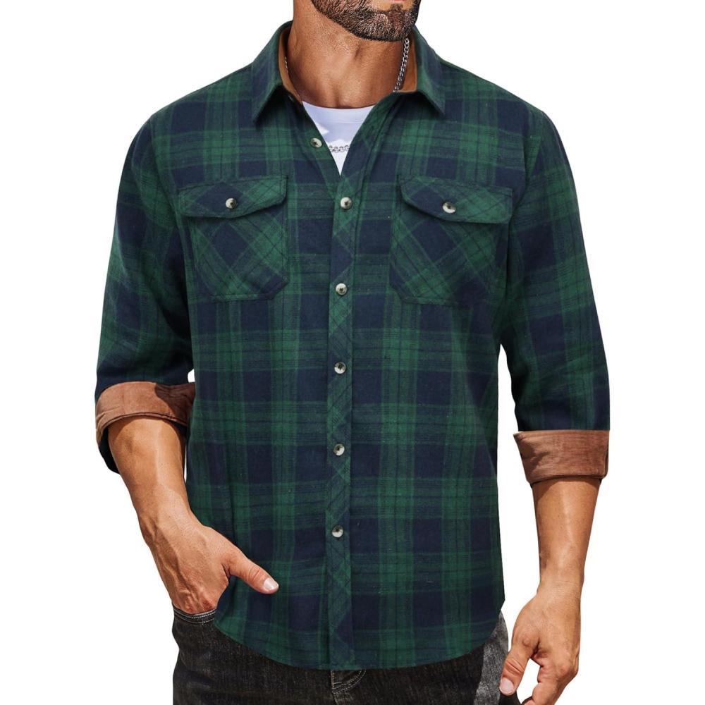 imageCOOFANDY Mens Fall Plaid Button Down Shirt Long Sleeve Casual Cowboy Work Shirts Lightweight Flannel Shirts Two PocketPlaidgreen
