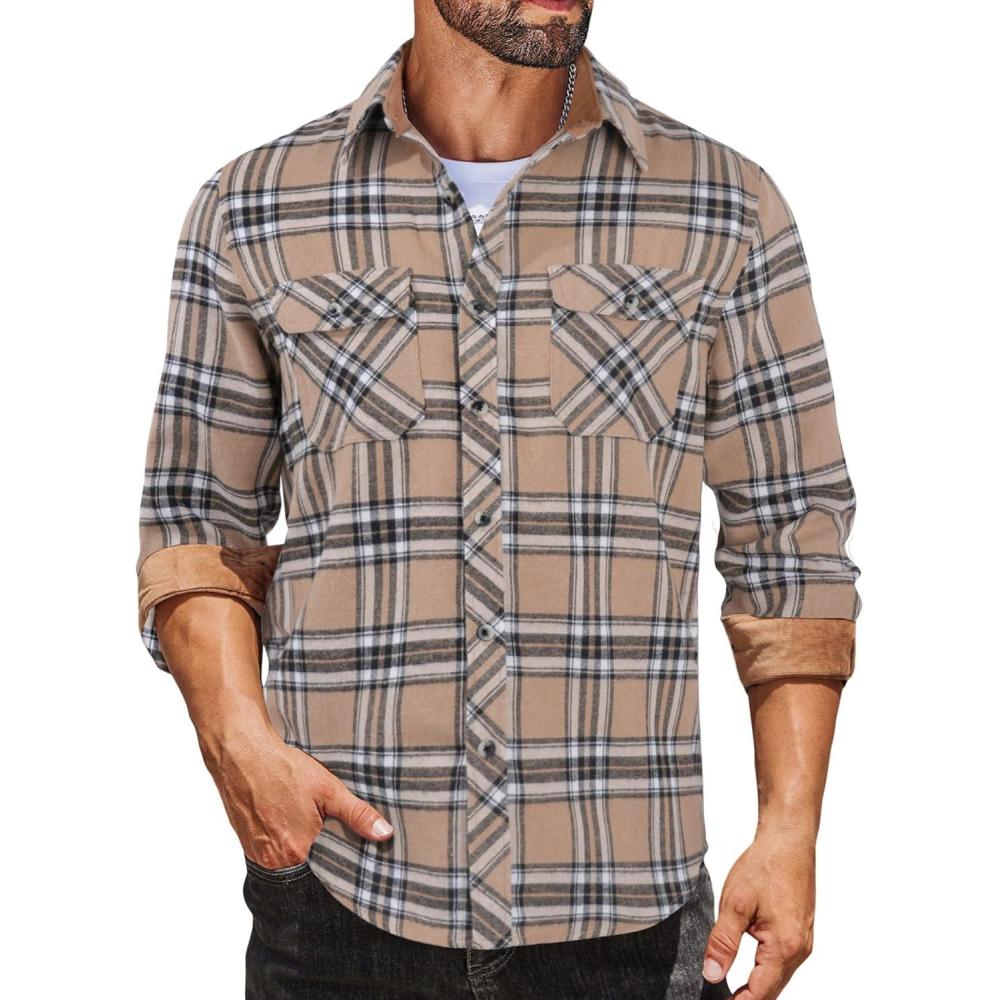 imageCOOFANDY Mens Fall Plaid Button Down Shirt Long Sleeve Casual Cowboy Work Shirts Lightweight Flannel Shirts Two PocketPlaidkhaki