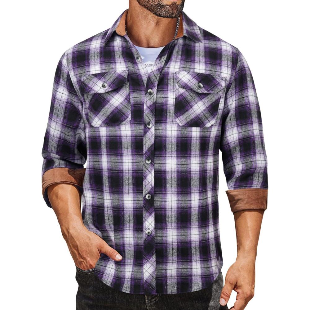 imageCOOFANDY Mens Fall Plaid Button Down Shirt Long Sleeve Casual Cowboy Work Shirts Lightweight Flannel Shirts Two PocketPlaidpurple
