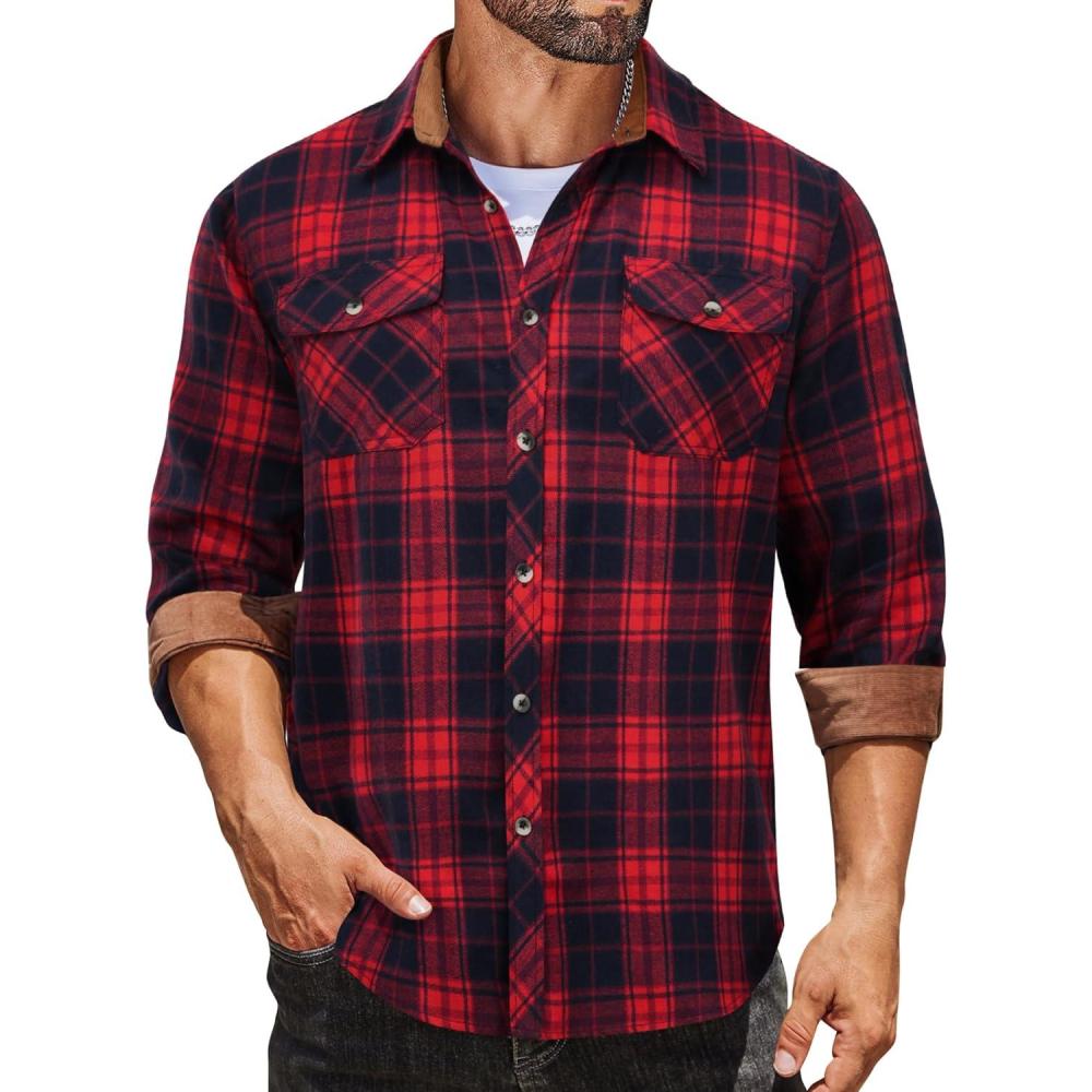 imageCOOFANDY Mens Fall Plaid Button Down Shirt Long Sleeve Casual Cowboy Work Shirts Lightweight Flannel Shirts Two PocketPlaidred