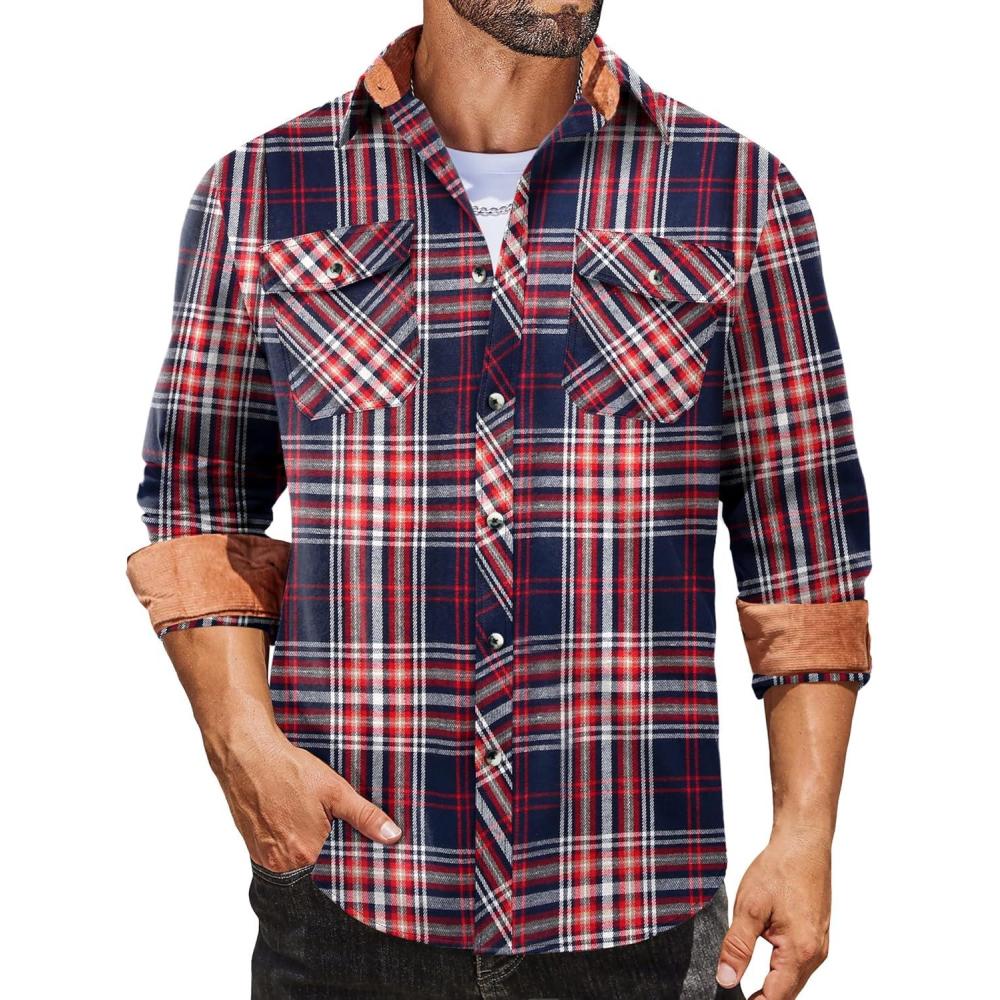 imageCOOFANDY Mens Fall Plaid Button Down Shirt Long Sleeve Casual Cowboy Work Shirts Lightweight Flannel Shirts Two PocketPlaidred Navy White