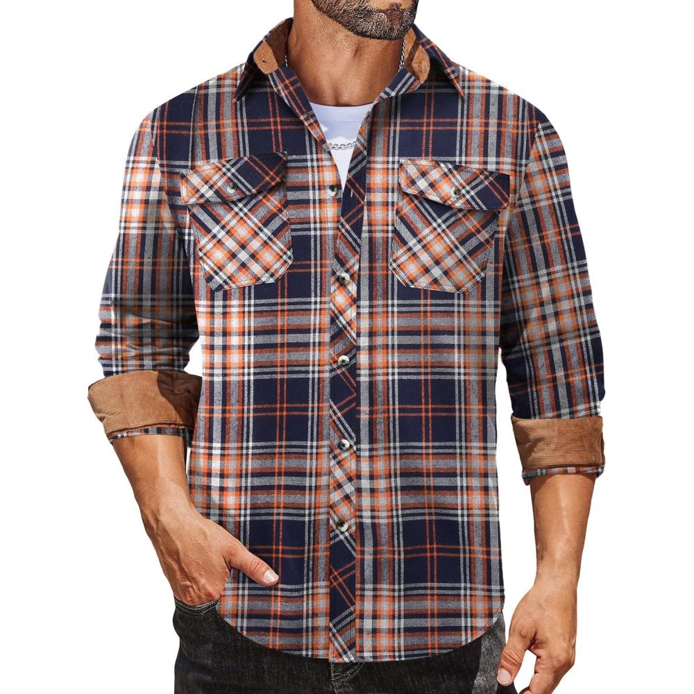 imageCOOFANDY Mens Fall Plaid Button Down Shirt Long Sleeve Casual Cowboy Work Shirts Lightweight Flannel Shirts Two PocketPlaidvibrant Orange