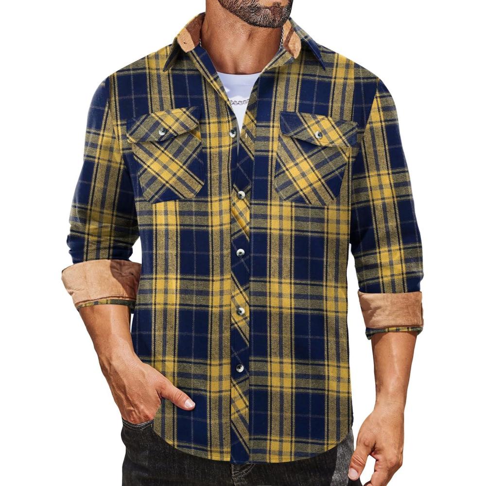 imageCOOFANDY Mens Fall Plaid Button Down Shirt Long Sleeve Casual Cowboy Work Shirts Lightweight Flannel Shirts Two PocketPlaidyellow Navy Plaid