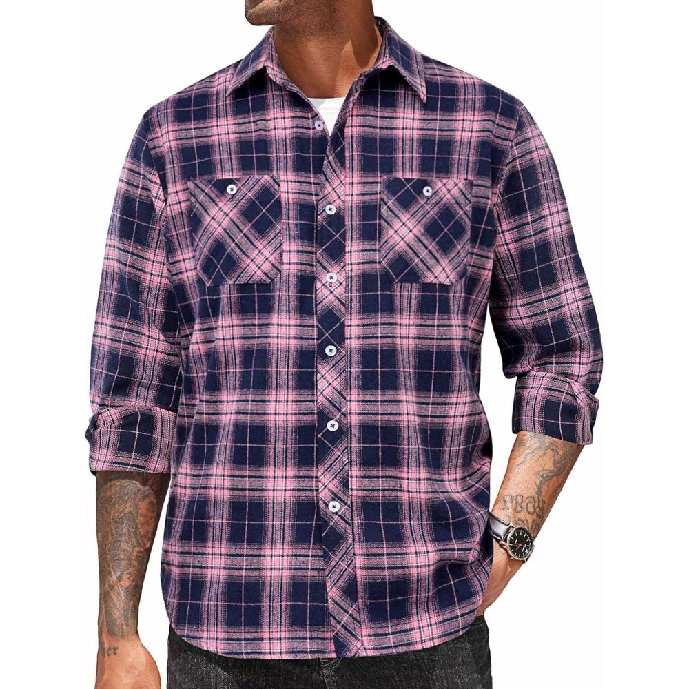 imageCOOFANDY Mens Flannel Plaid Shirts Long Sleeve Casual Button Down Shirt with PocketsBlack Pink Plaid