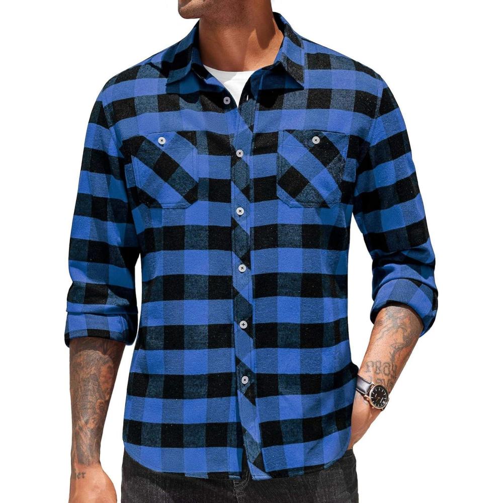 imageCOOFANDY Mens Flannel Plaid Shirts Long Sleeve Casual Button Down Shirt with PocketsBlue