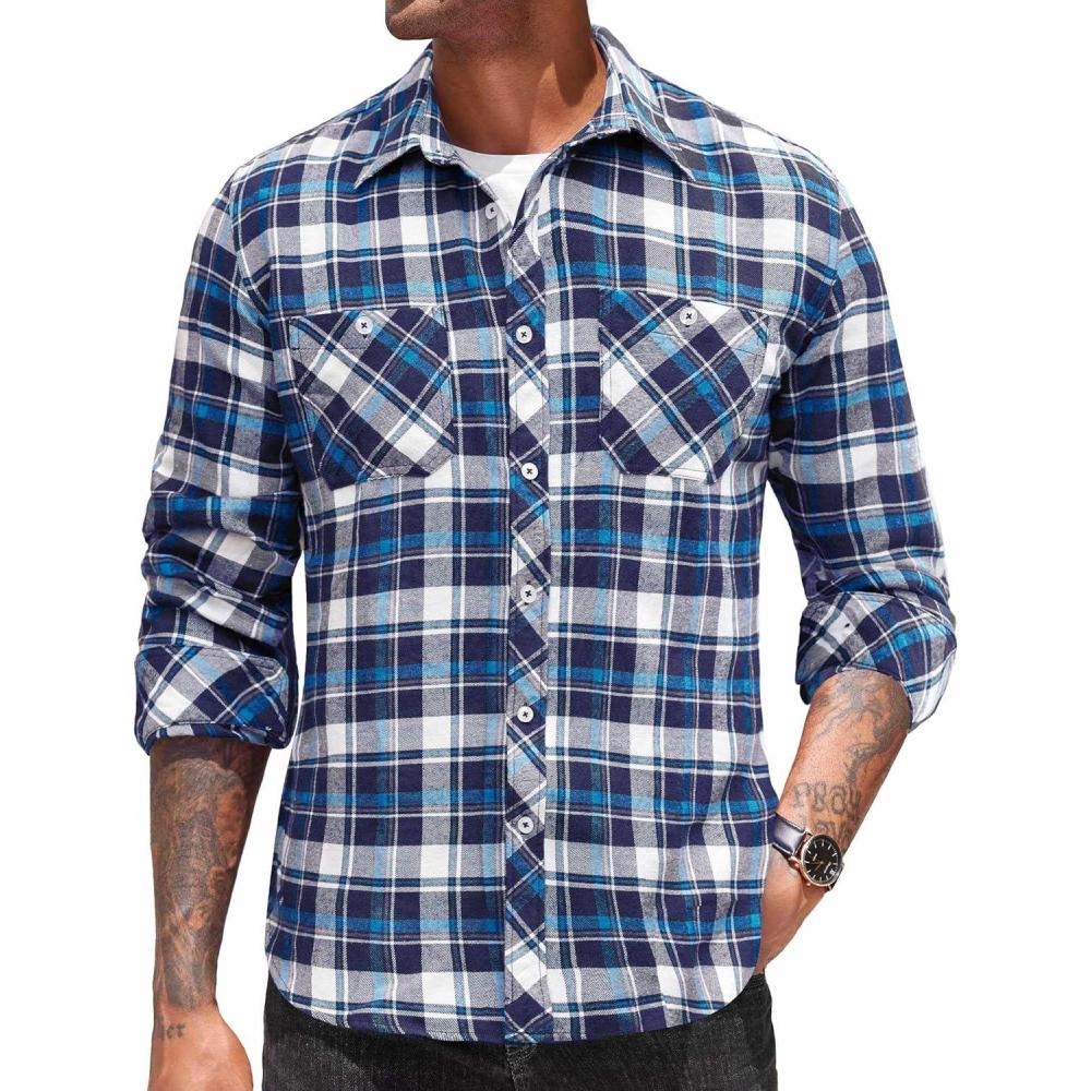 imageCOOFANDY Mens Flannel Plaid Shirts Long Sleeve Casual Button Down Shirt with PocketsBlue White