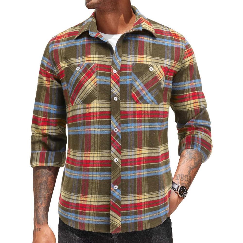 imageCOOFANDY Mens Flannel Plaid Shirts Long Sleeve Casual Button Down Shirt with PocketsBrown Red
